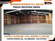 ARRIENDO BODEGA DE 1.300 M2 PARQUE INDUSTRIAL SIBERIA