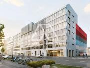 Innovatives Bürogebäude am Mainufer mit Skyline Blick...